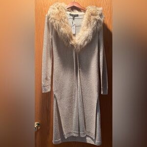 White House Black Market Cream Cardigan with Faux Fur Collar
